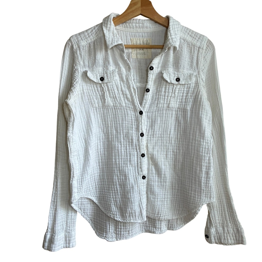 We The Free Gauze Button Down Shirt Medium White Womens Cotton Boho Top FLAW